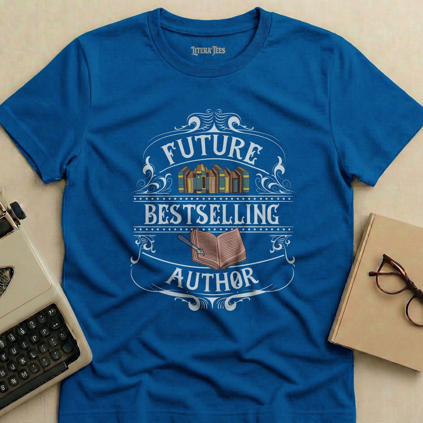 Blue t-shirt with "Future Bestselling Author" text and book graphics.