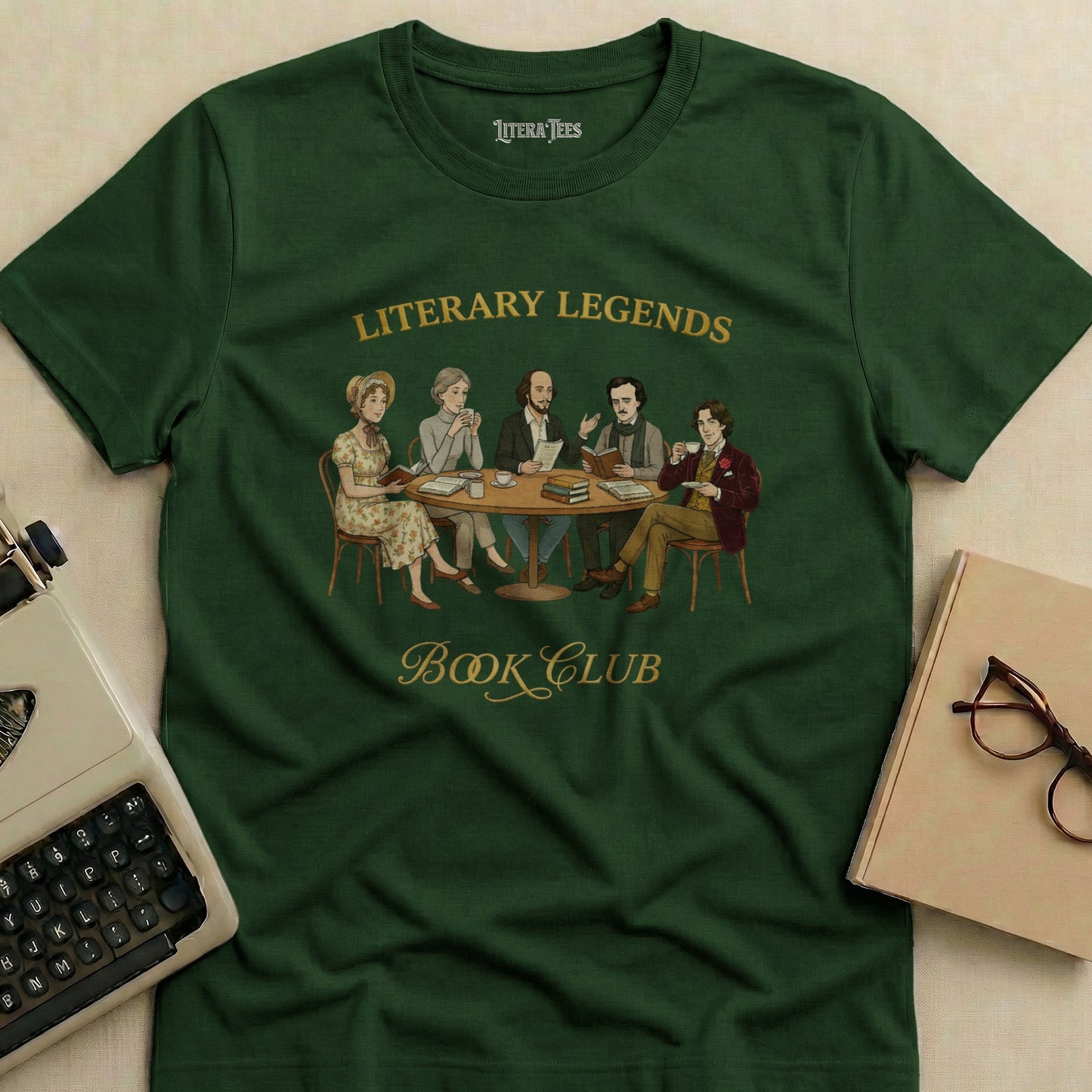 Literary Legends Book Club graphic on a dark green t-shirt.