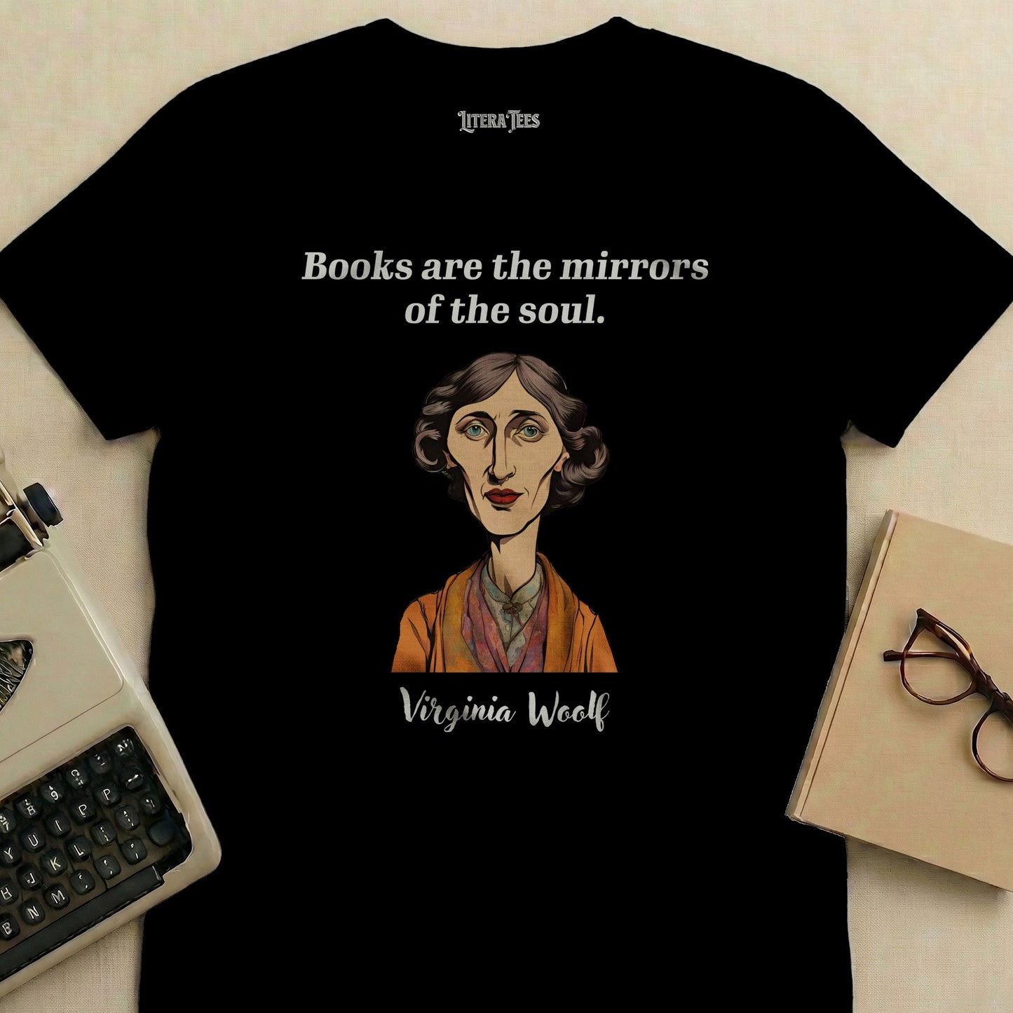Black t-shirt with Virginia Woolf portrait and quote.