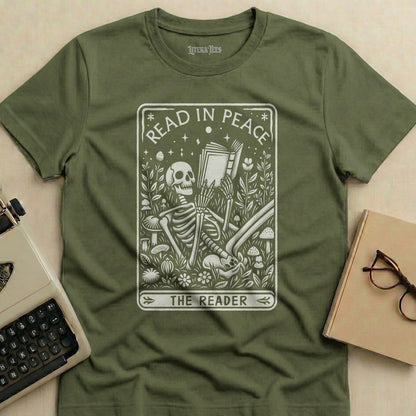Green t-shirt with "READ IN PEACE THE READER" skeleton graphic.