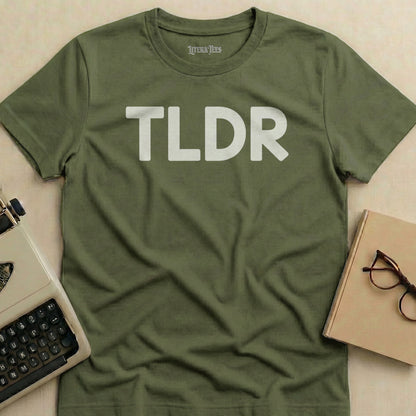 Green t-shirt with "TLDR" in white text, next to glasses and a typewriter.