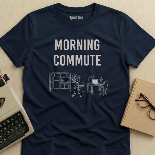 Navy t-shirt with "MORNING COMMUTE" text and a sketch of a person with coffee.