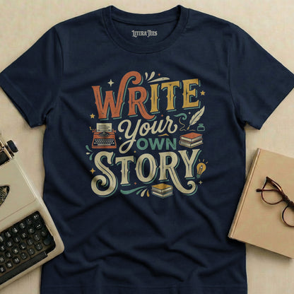 Navy t-shirt with "Write Your Own Story" text and literary graphics.