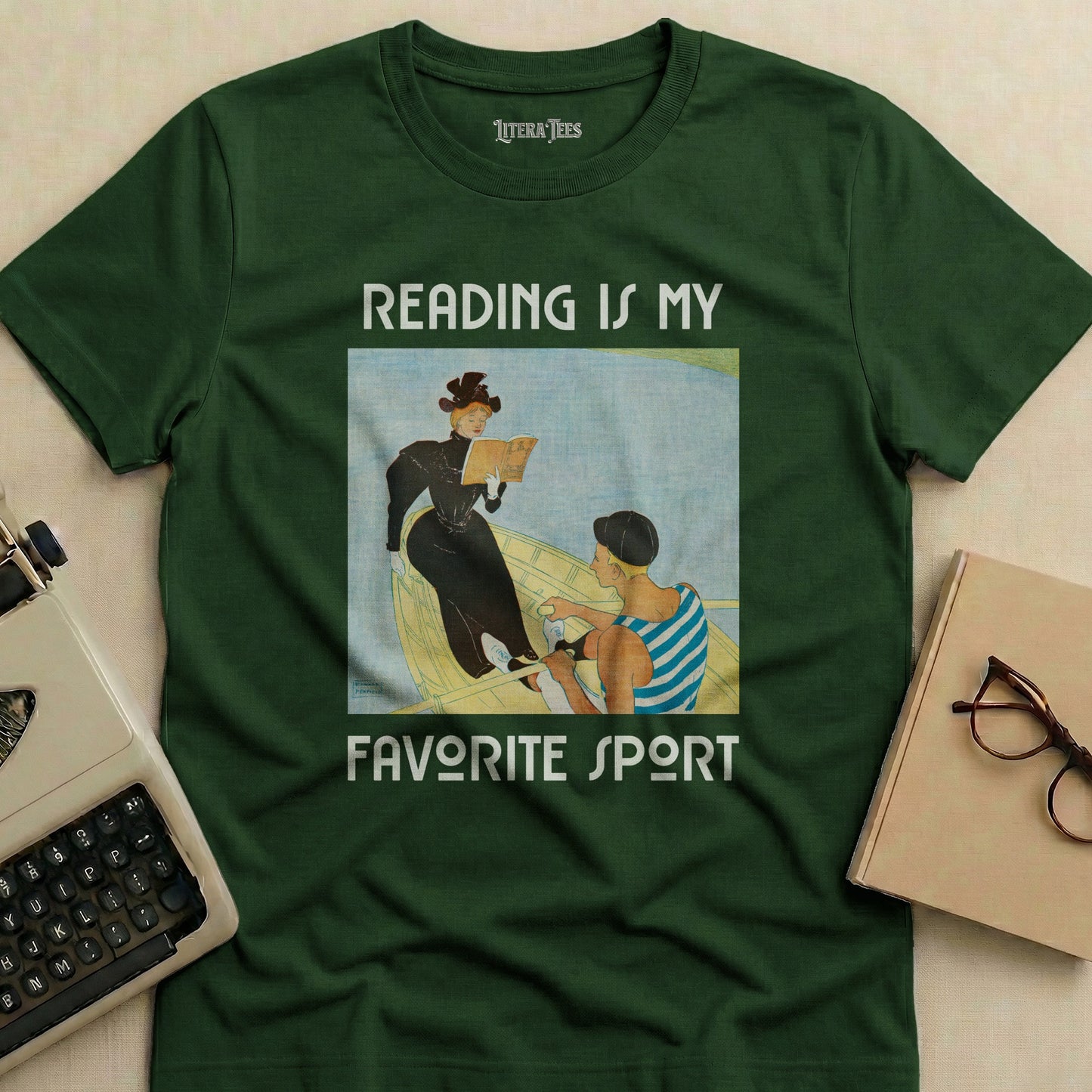 Green t-shirt with "Reading is My Favorite Sport" in vintage illustration style.