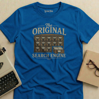Blue t-shirt with "The Original Search Engine" and library card catalog drawers.