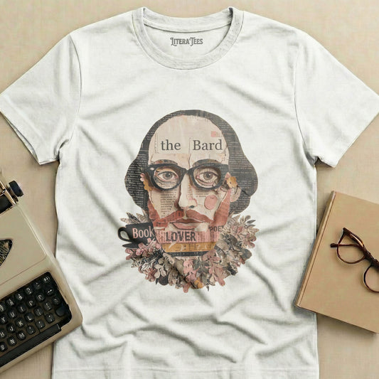 White t-shirt with a collage portrait of Shakespeare titled "the Bard" and "Book Lover".