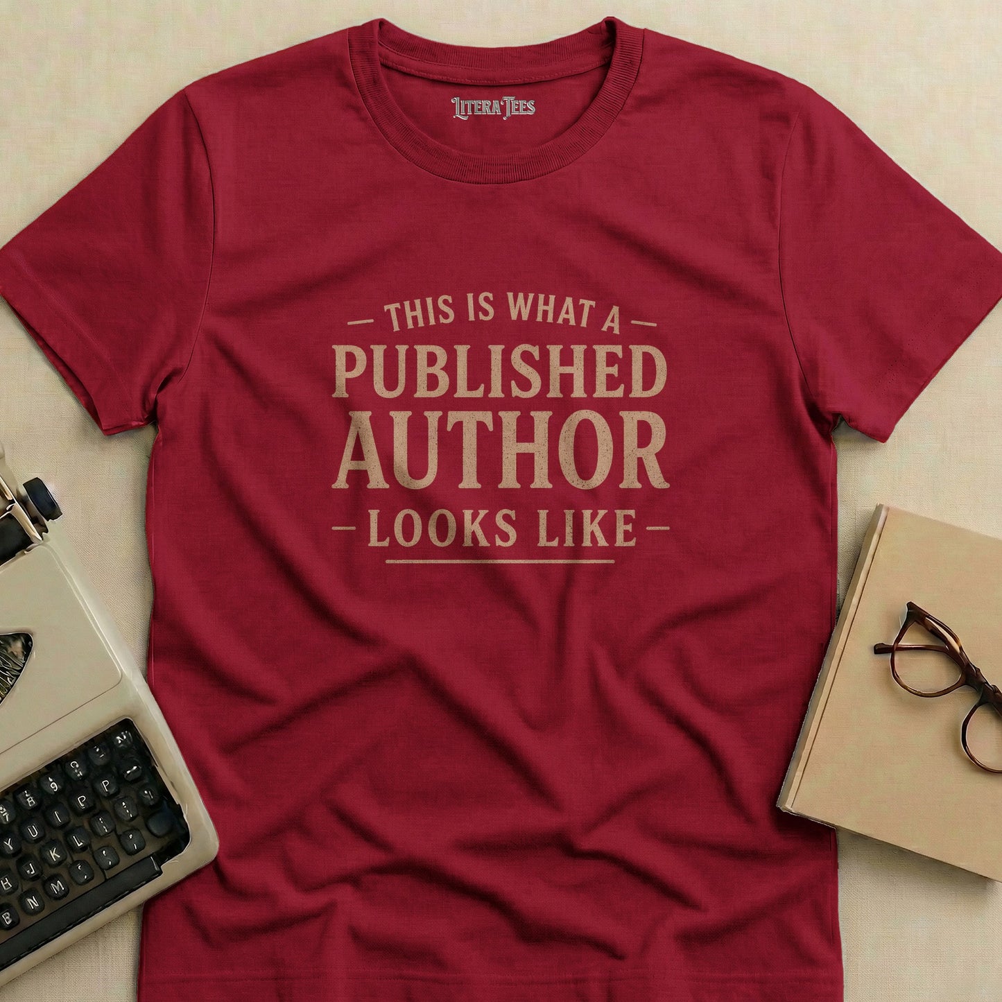 Maroon t-shirt with "This is what a published author looks like" text.