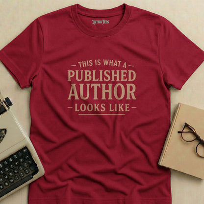 Maroon t-shirt with "This is what a published author looks like" text.
