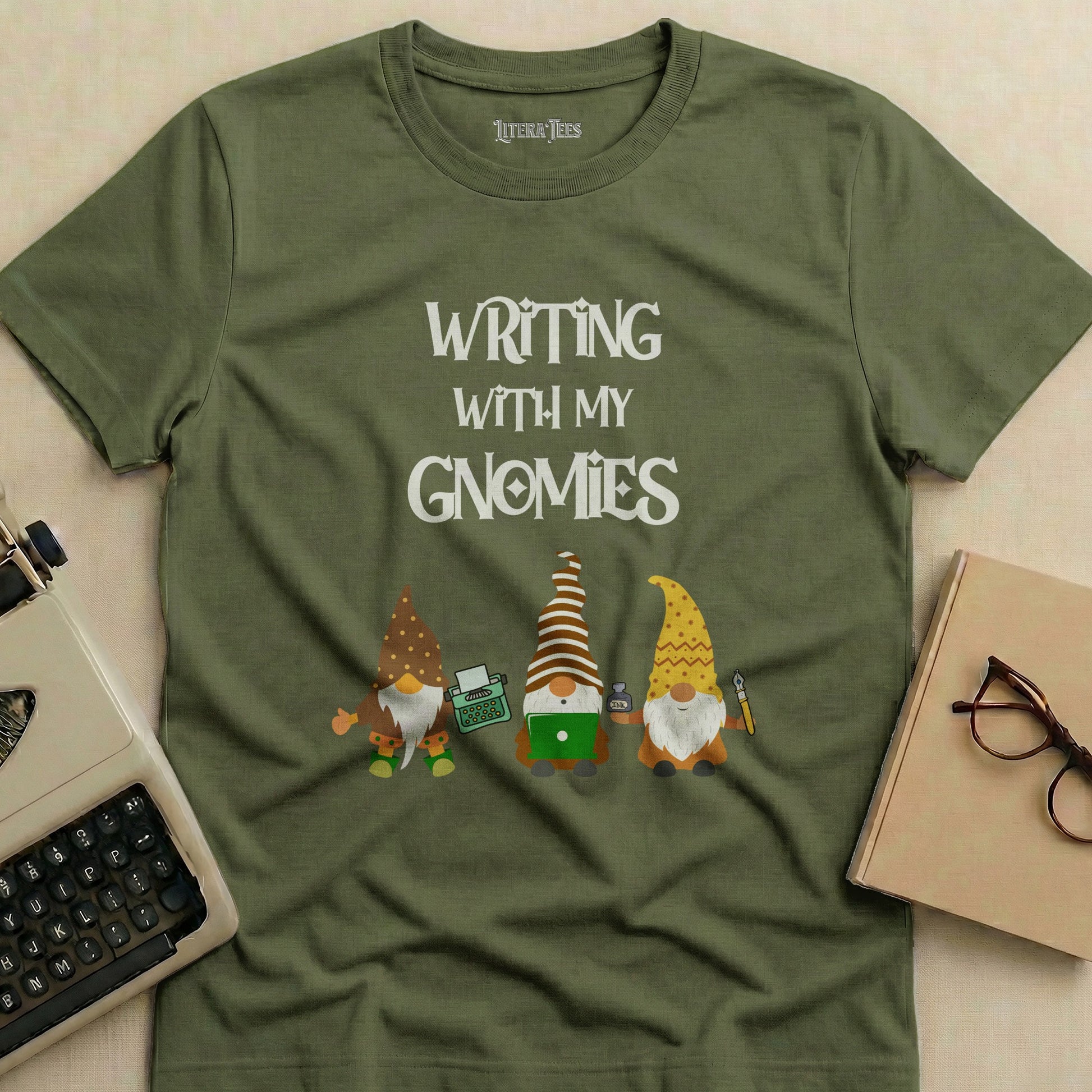 T-shirt with "Writing With My Gnomies" and three gnomes.
