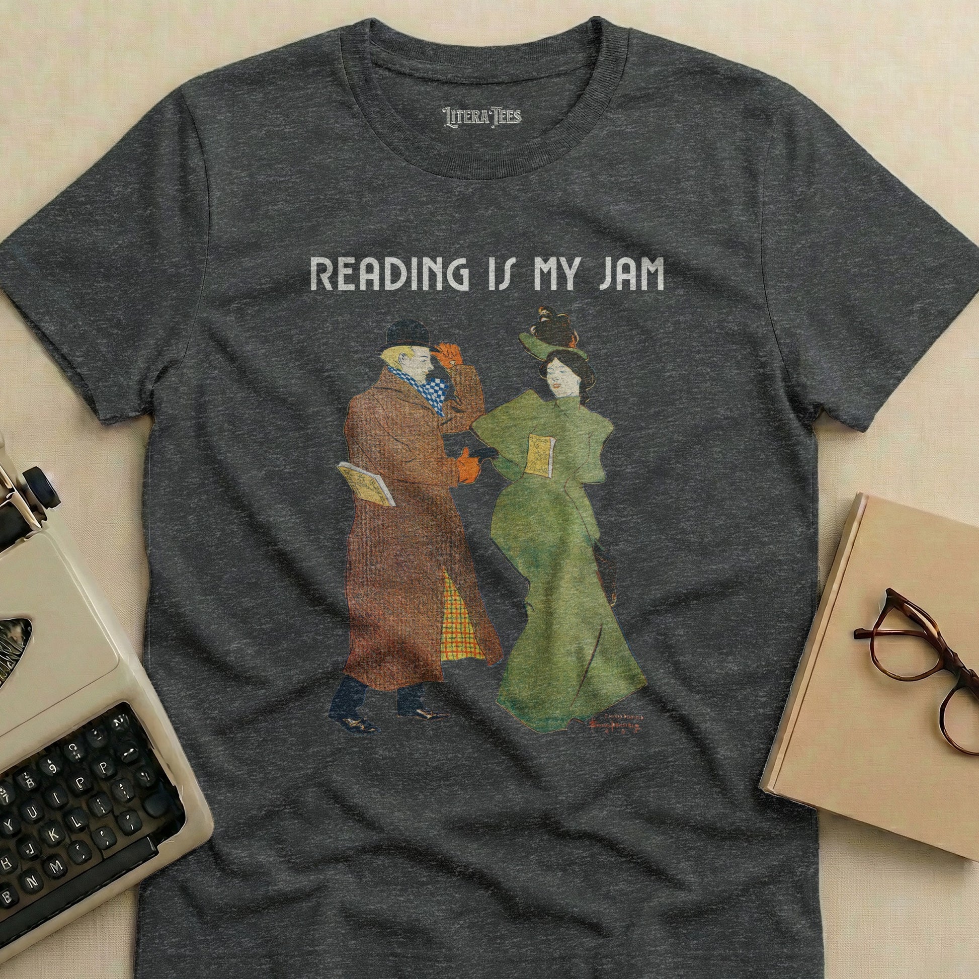 T-shirt with "READING IS MY JAM" text and illustration of two figures.
