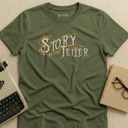 Olive green t-shirt with "Storyteller" text in ornate lettering.