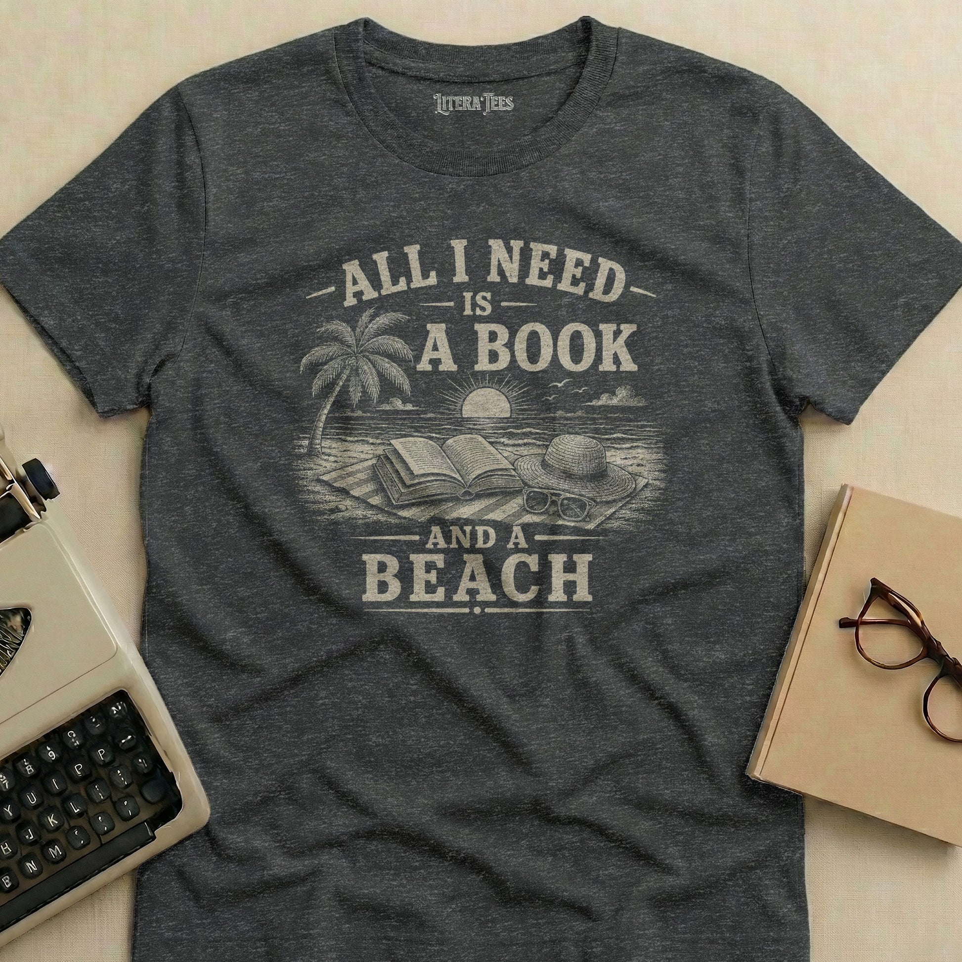 T-shirt with "All I need is a book and a beach" text and beach graphic.