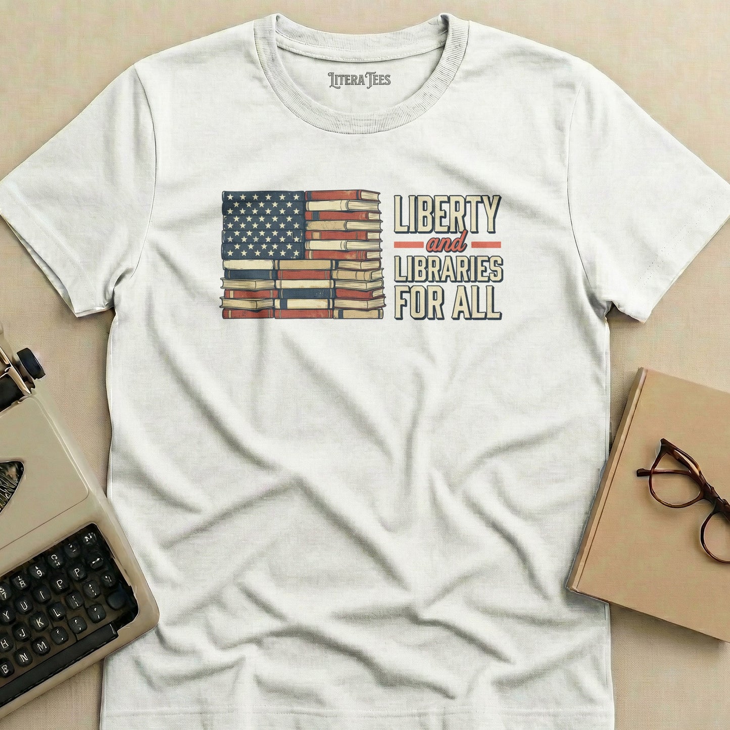T-shirt with American flag made of books and text "Liberty and Libraries for All".