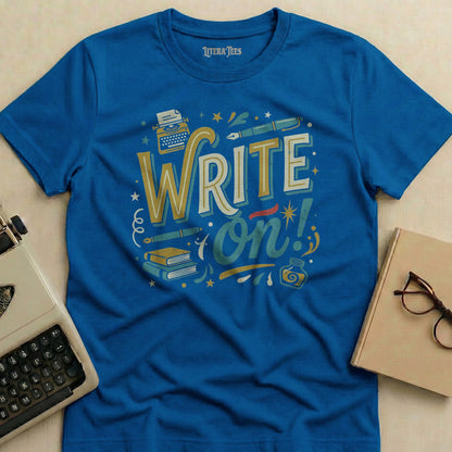 Blue t-shirt with "WRITE on!" text and typewriter graphic.