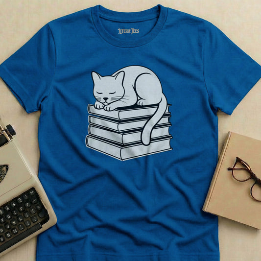 White cat sleeping on a stack of books, Literatees logo.