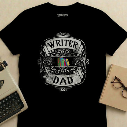 T-shirt with "WRITER DAD" design featuring a bookshelf and glasses motif.