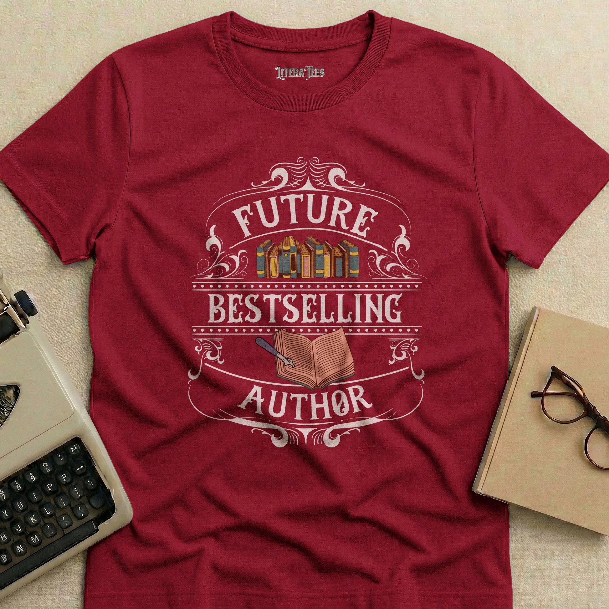Maroon t-shirt with "Future Bestselling Author" text and open book graphic.