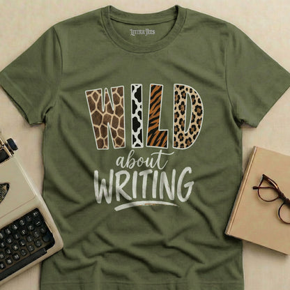 Green t-shirt with "Wild about Writing" text in animal print fonts.