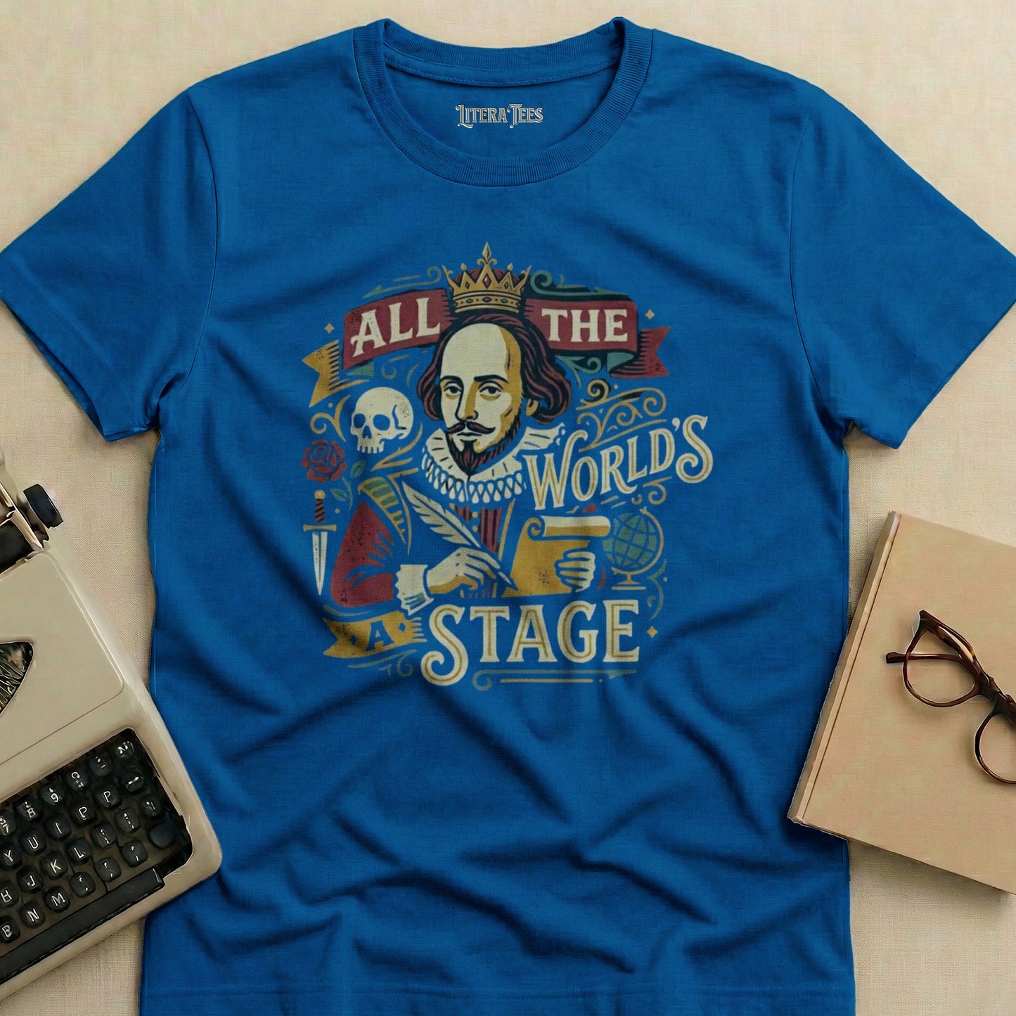 Blue t-shirt with "All The World's Stage" text and Shakespeare illustration.