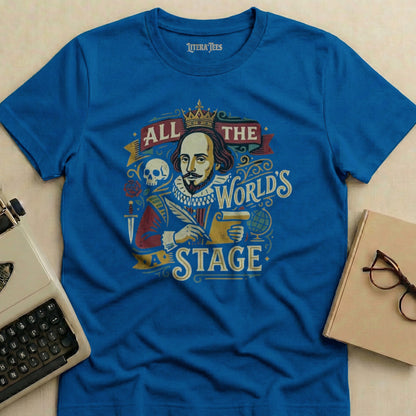 Blue t-shirt with "All The World's Stage" text and Shakespeare illustration.