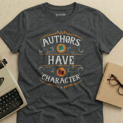 Dark t-shirt with "AUTHORS HAVE CHARACTER" text and book icons.