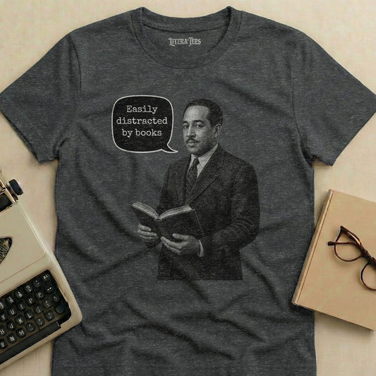 Charcoal t-shirt with "Easily distracted by books" slogan and vintage man reading.