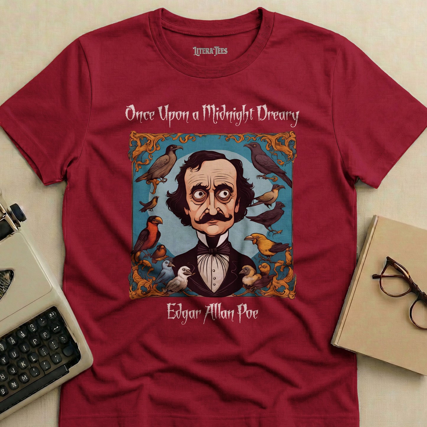 T-shirt with Edgar Allan Poe illustration and text "Once Upon a Midnight Dreary".