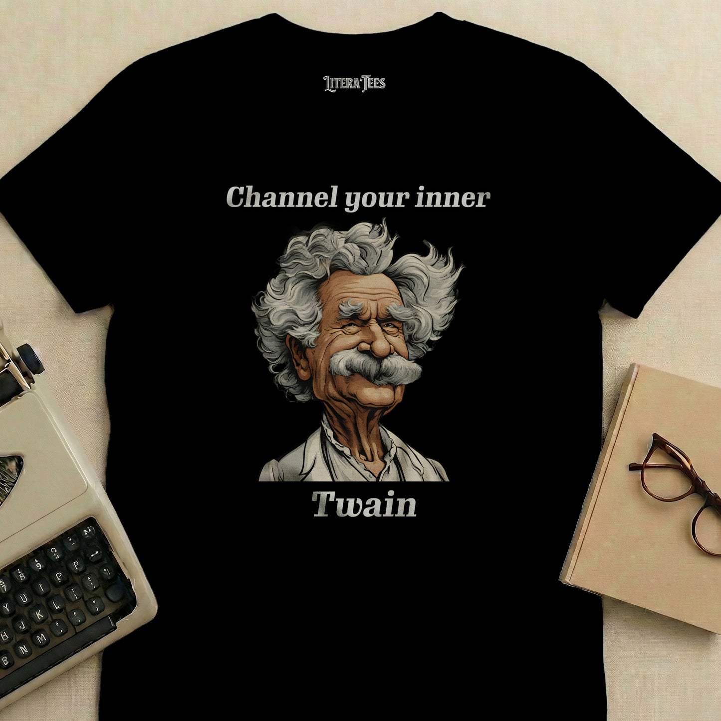 Black t-shirt with Mark Twain illustration and "Channel your inner Twain" text.