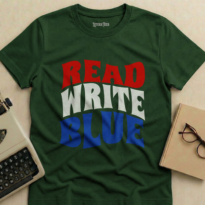 Green t-shirt with "READ WRITE BLUE" in red, white, and blue text.