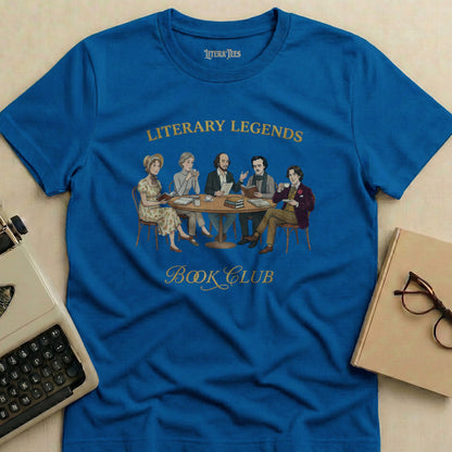 Blue t-shirt with "Literary Legends Book Club" text and illustration of people reading.