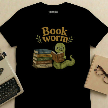 Black t-shirt with cartoon worm reading books, text "Book worm" and Literatees.