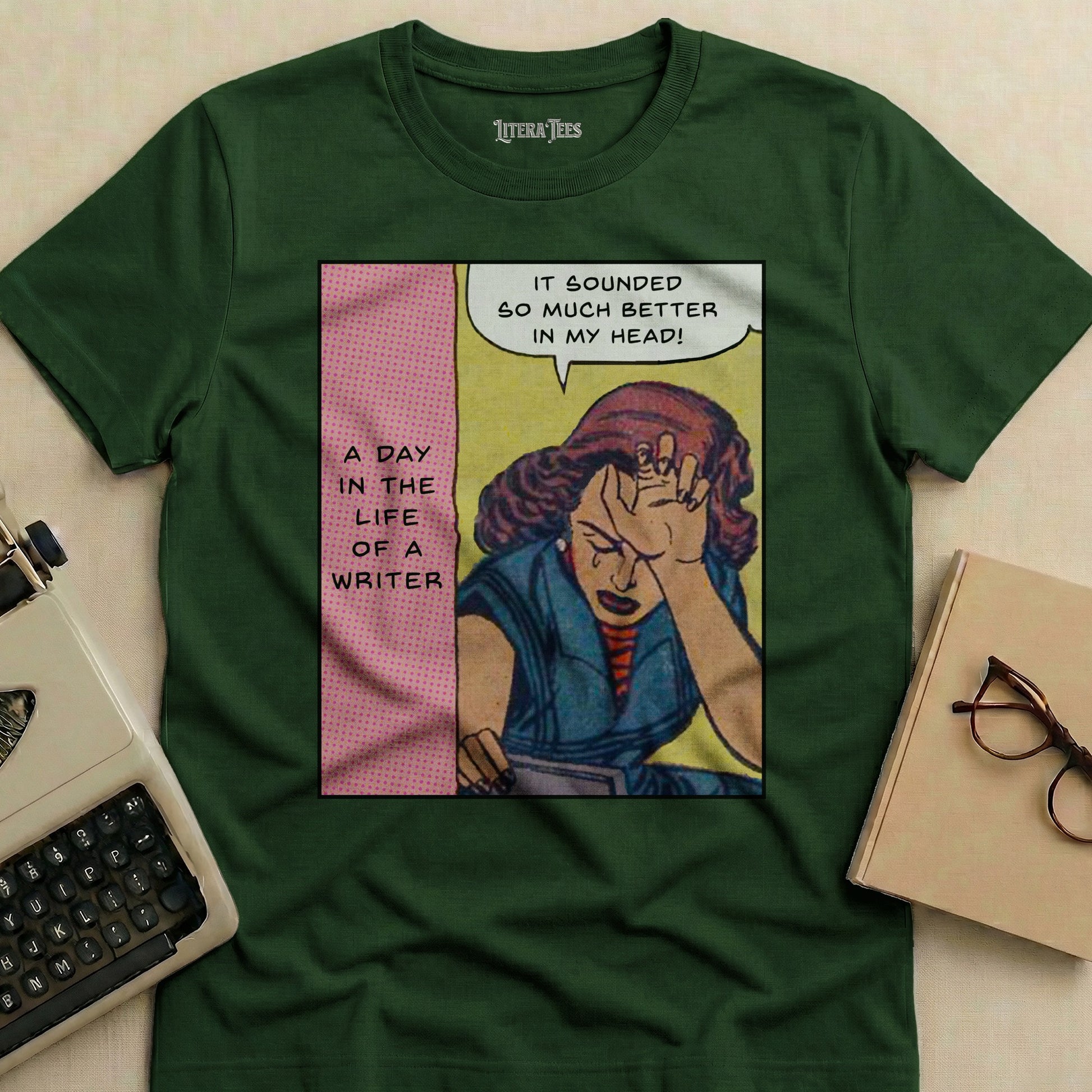 T-shirt design with comic panel: woman clutches head, text "It sounded so much better in my head!"