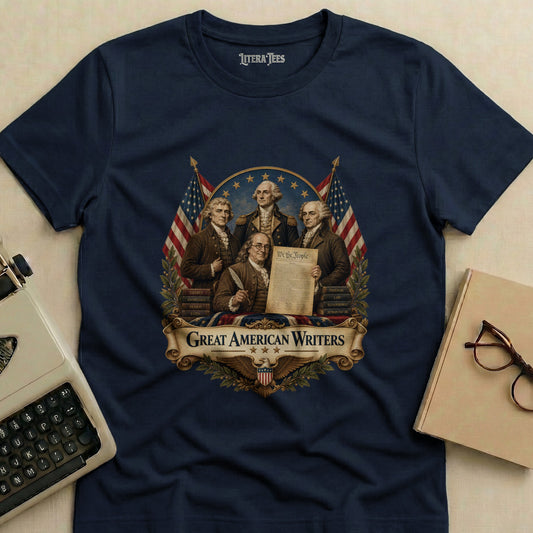 T-shirt with the "Great American Writers" design featuring Founding Fathers and the Constitution.