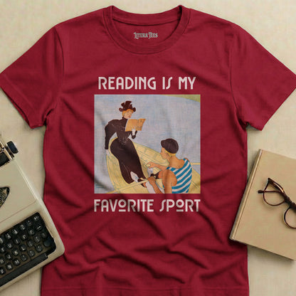 T-shirt with "Reading is My Favorite Sport" design.