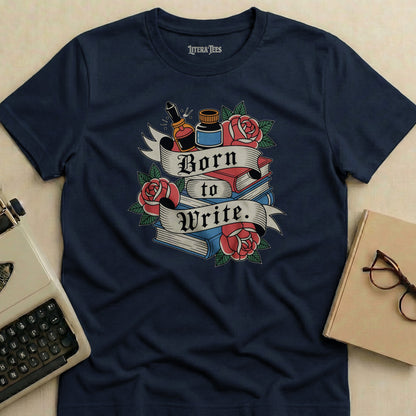 Navy t-shirt with "Born to Write" text and book, inkwell, and rose design.