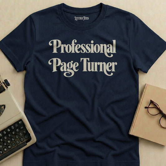 Navy t-shirt with "Professional Page Turner" text and a book and typewriter.