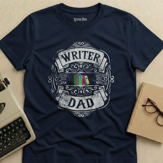Navy t-shirt with "Writer Dad" text and colorful book design.