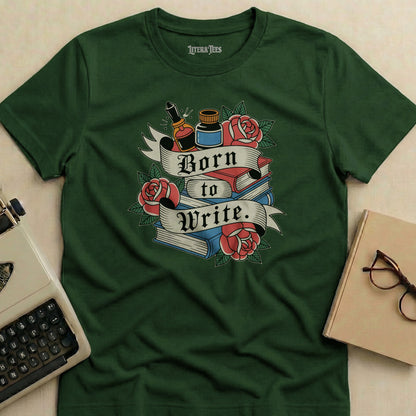 Green t-shirt with "Born to Write." text and stack of books illustration.