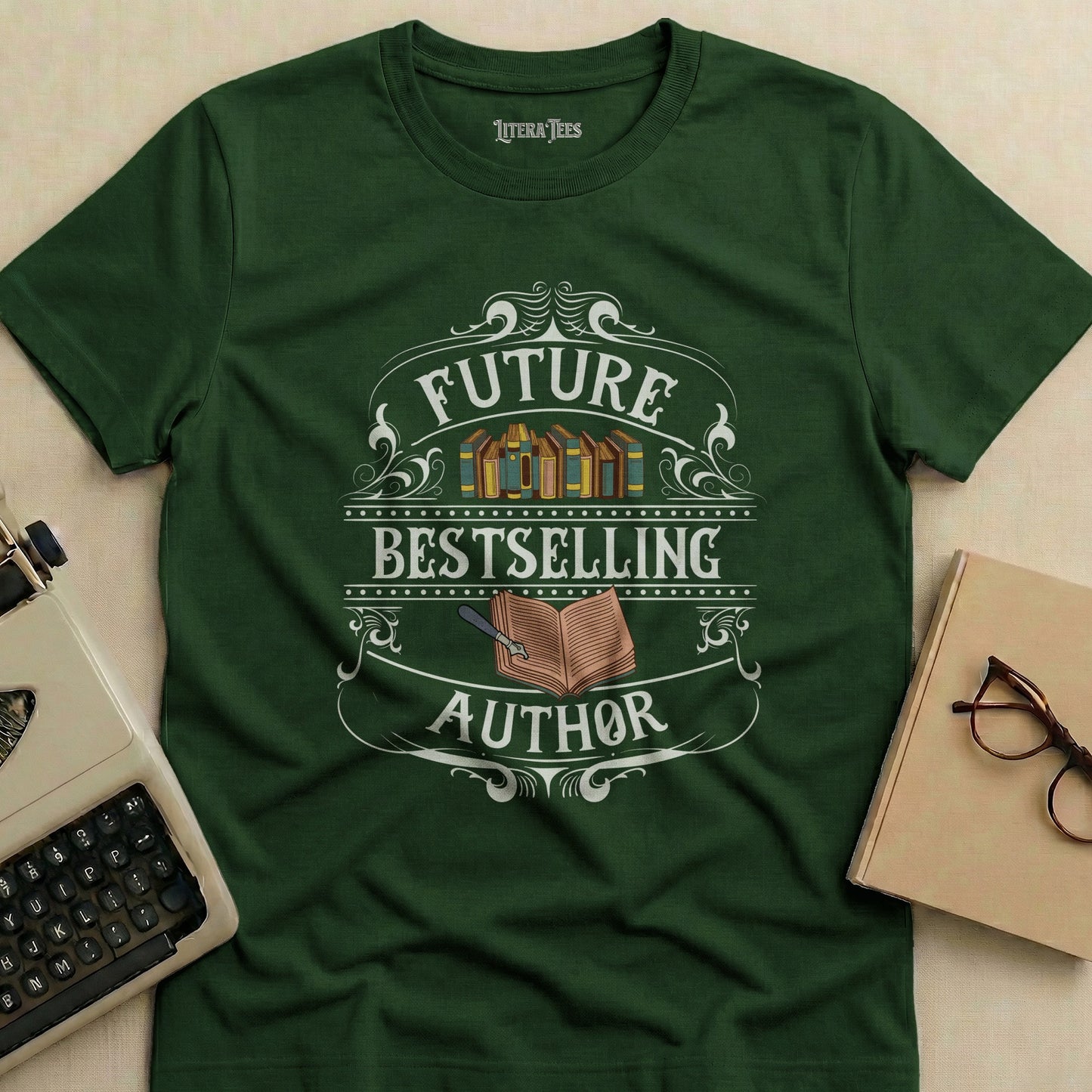 Green t-shirt with "Future Bestselling Author" text and books graphic.