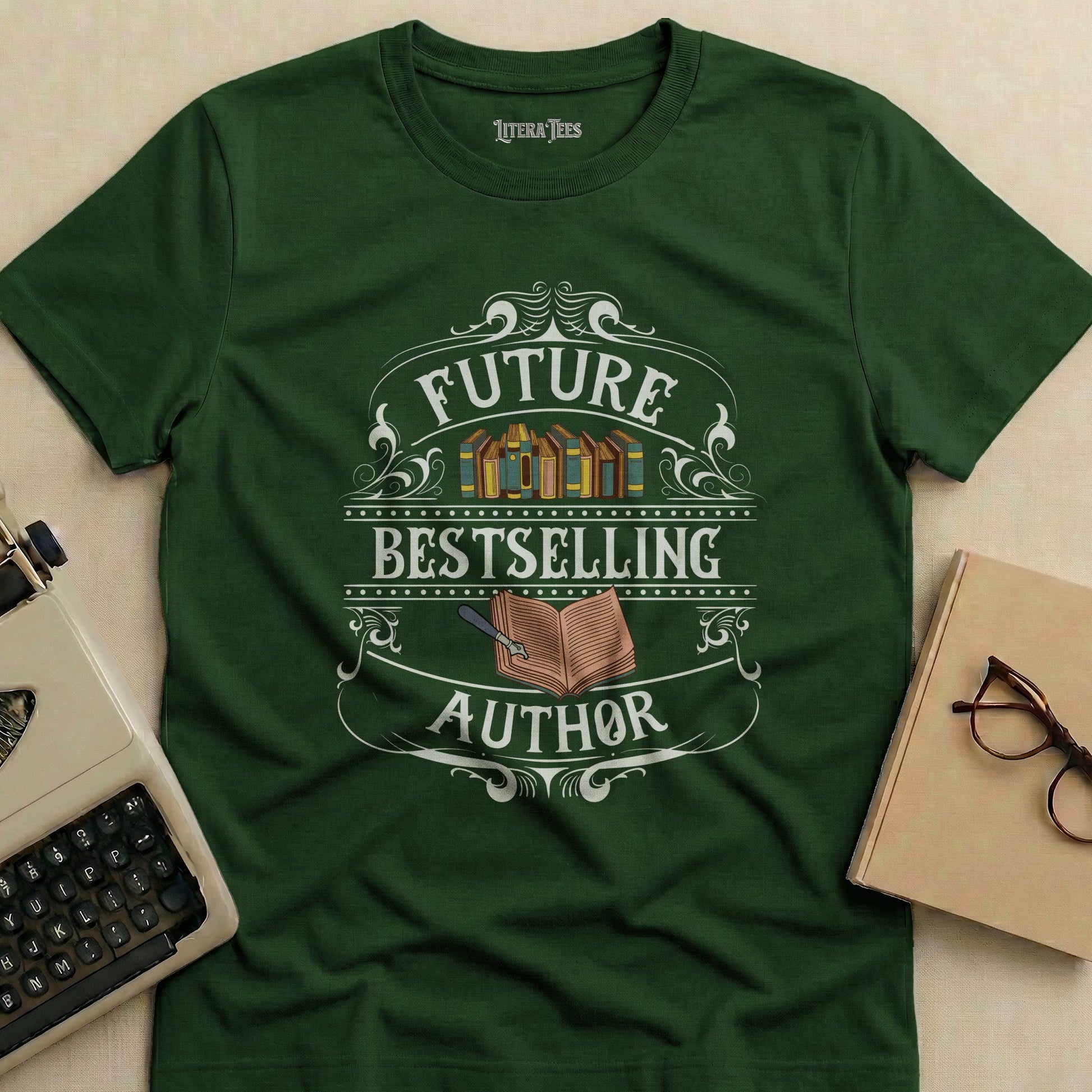 Green t-shirt with "Future Bestselling Author" text and books graphic.