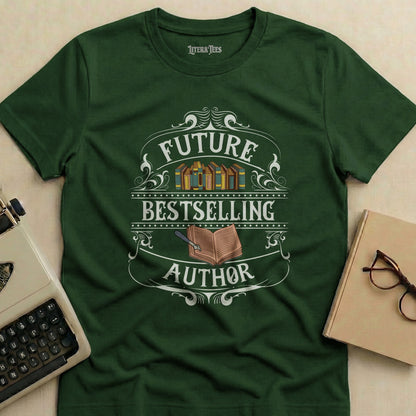 Green t-shirt with "Future Bestselling Author" text and books graphic.