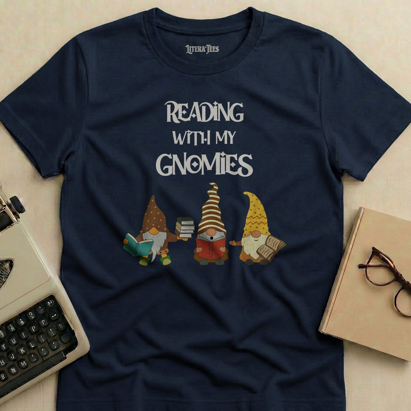 Navy t-shirt with three gnomes reading books and "Reading With My Gnomies" text.