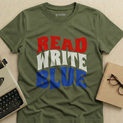 Olive green t-shirt with red, white, and blue "READ WRITE BLUE" text.