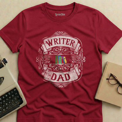 Maroon t-shirt with "WRITER DAD" text and bookshelf graphic.