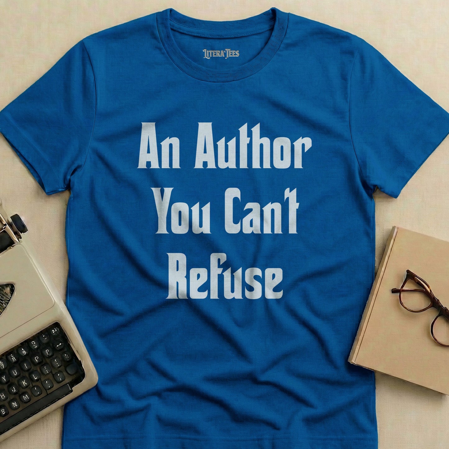 Blue t-shirt with "An Author You Can't Refuse" text.