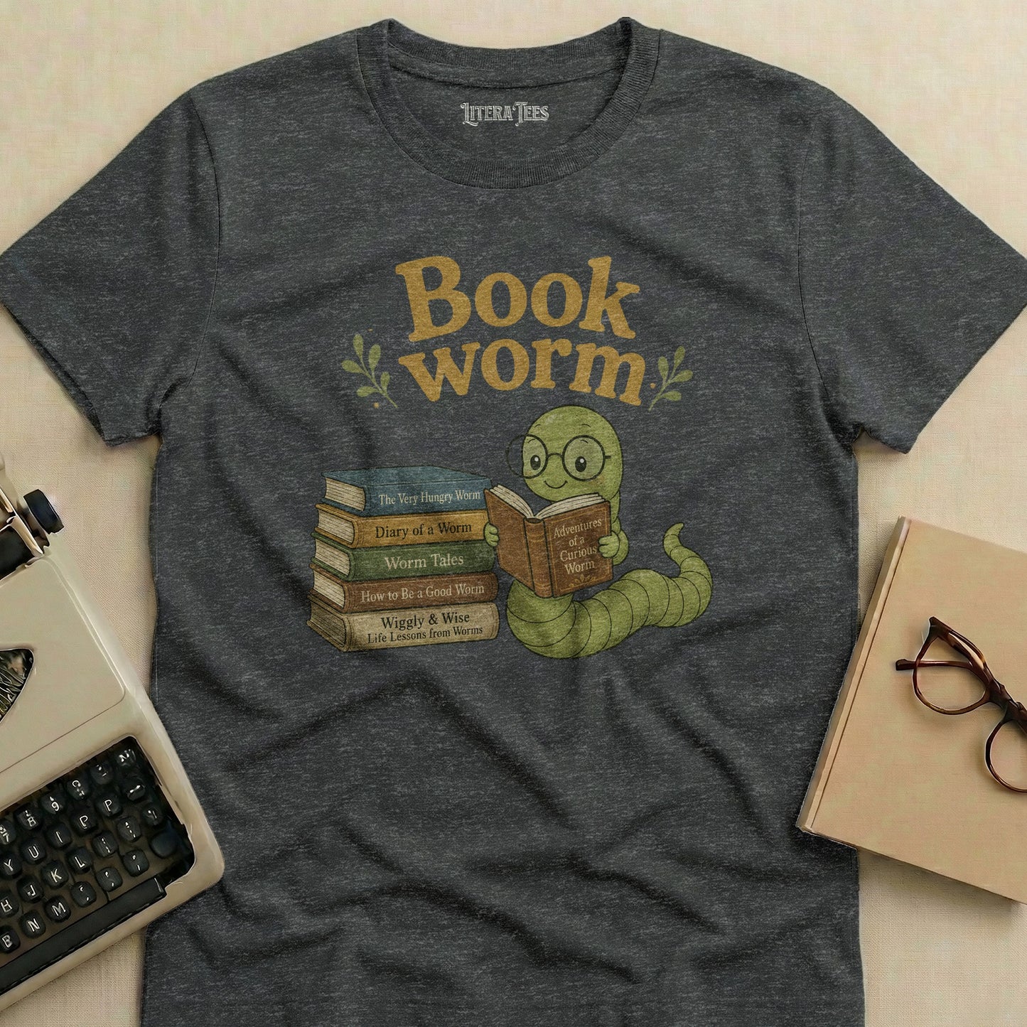 Gray t-shirt with "Book worm" text, a worm reading a book, and stack of books.