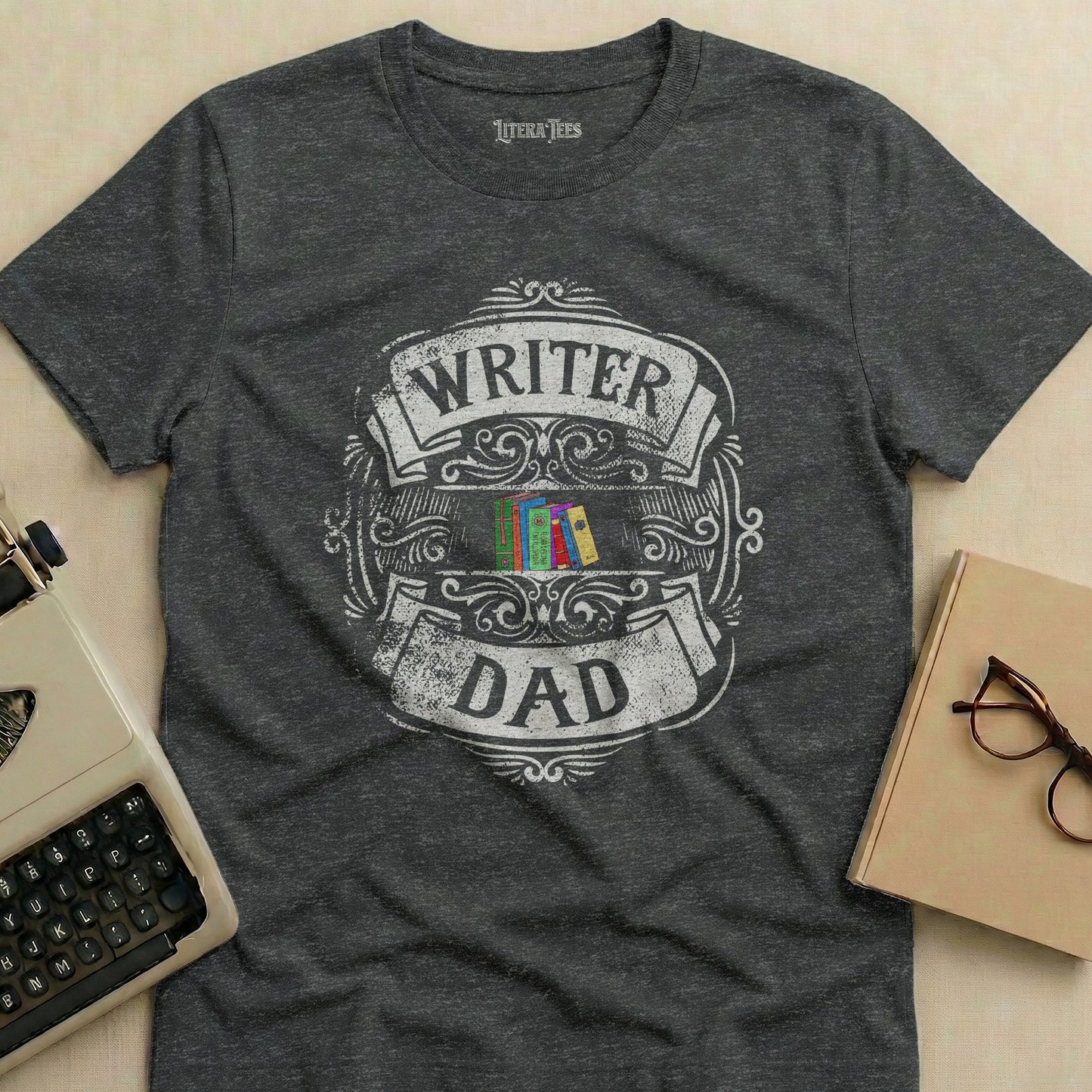 Dark t-shirt with "WRITER DAD" and bookshelf graphic.
