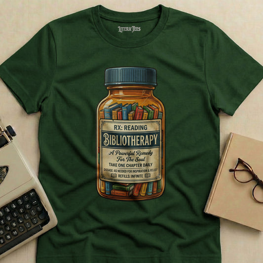 Green t-shirt with "Bibliotherapy A Powerful Remedy For The Soul" bottle design.