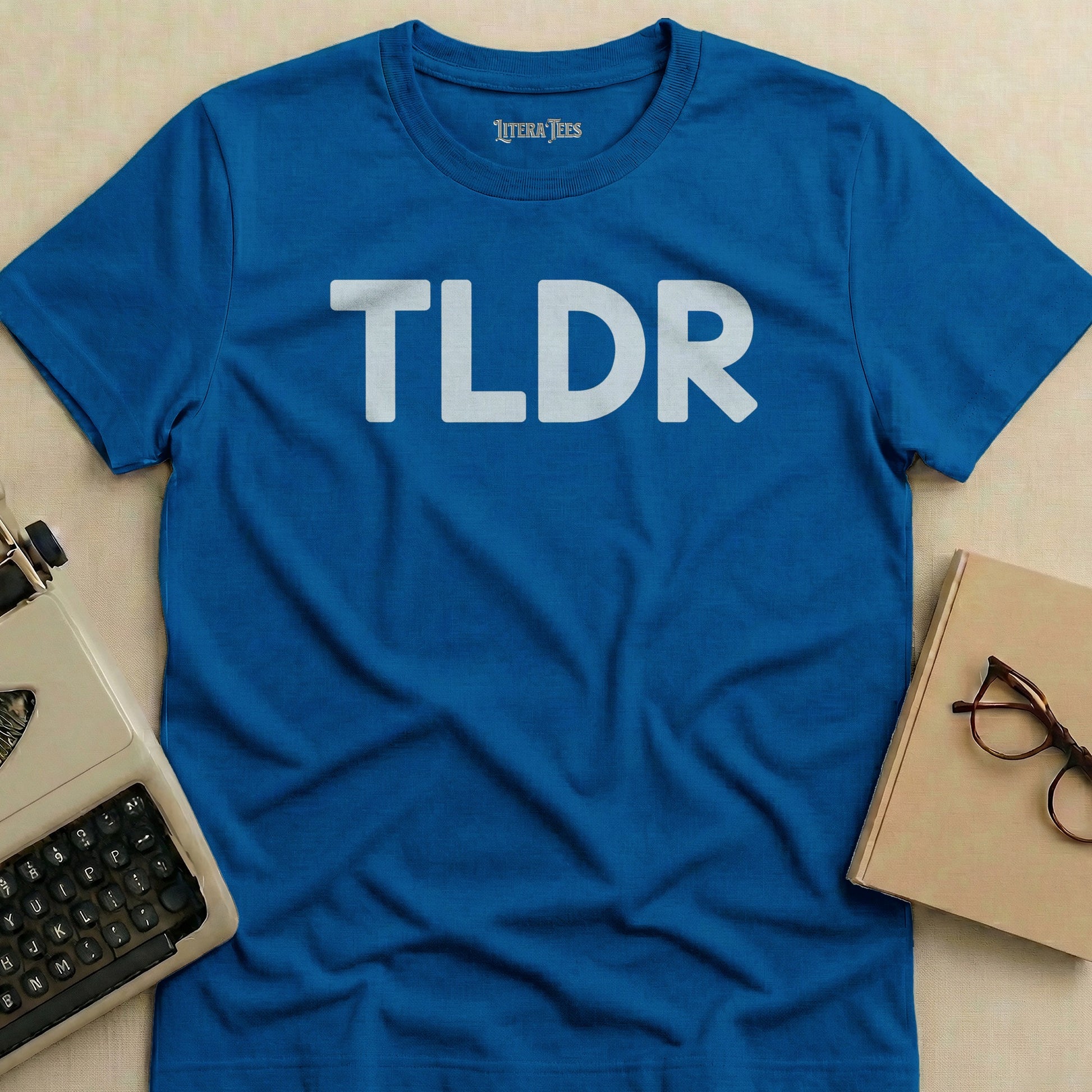Blue t-shirt with "TLDR" printed in white uppercase letters.