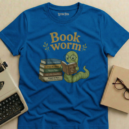Blue t-shirt with "Book worm" text and illustration of a worm reading.